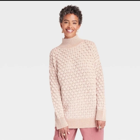 NWT Knox Rose Peach and Cream Oversized Mock Turtleneck Knit Sweater - Picture 2 of 16